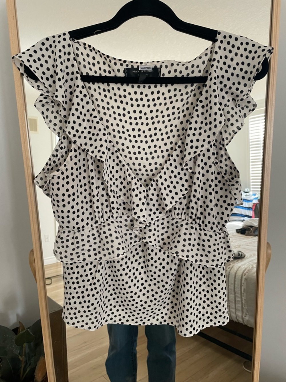 Max Studio Cream Polka Dot Ruffle V-Neck Blouse